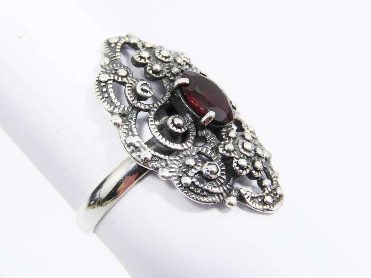 An Amazing Filigree Garnet And Marcasite  Ring in Sterling silver