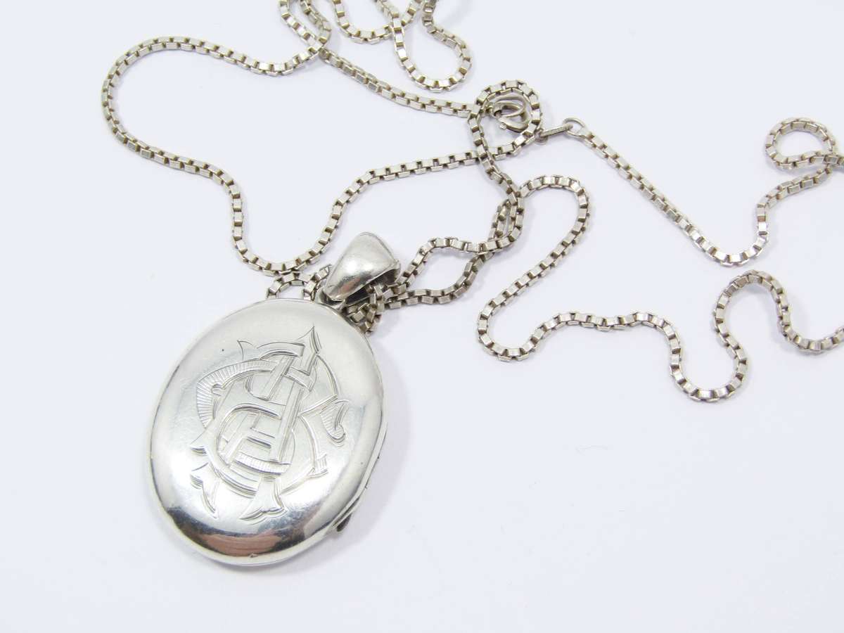 Antique Monogrammed Sterling Silver Locket Necklace