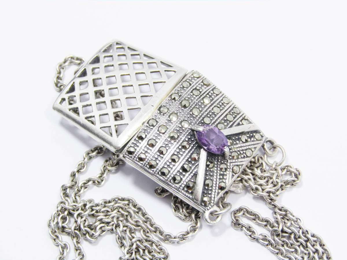 A Gorgeous Weighty Marcasite Handbag Pendant On Chain in Sterling Silver