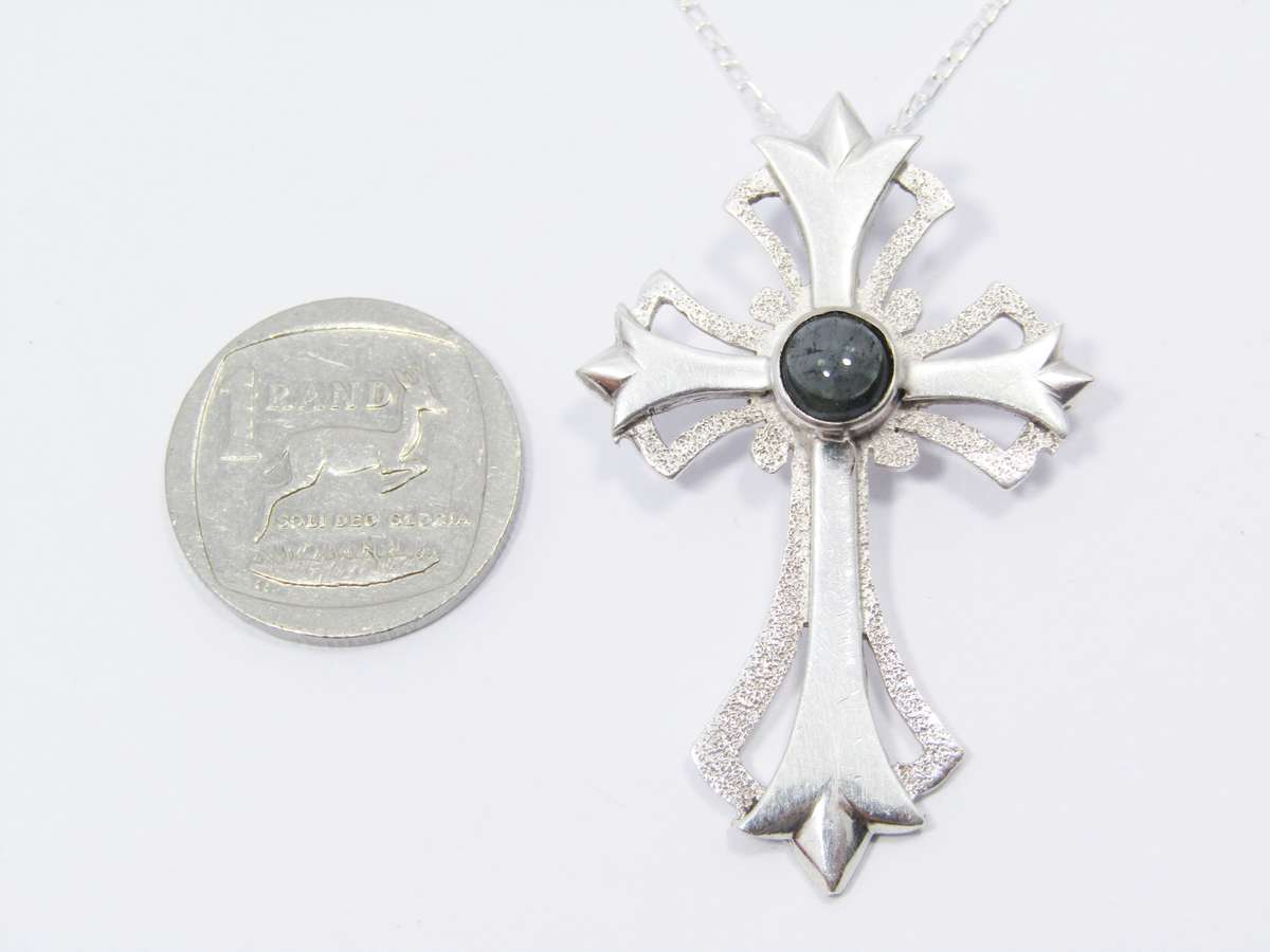 A Gorgeous Textured Tourmaline Stone Cross on Chain in Sterling Silve