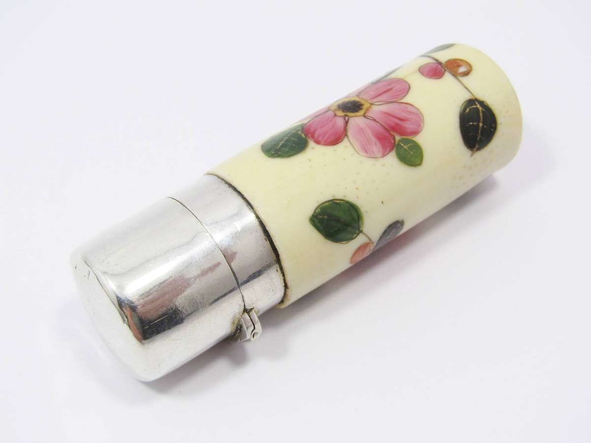 Antique Victorian Sterling Silver & Hand-Painted Porcelain Perfume