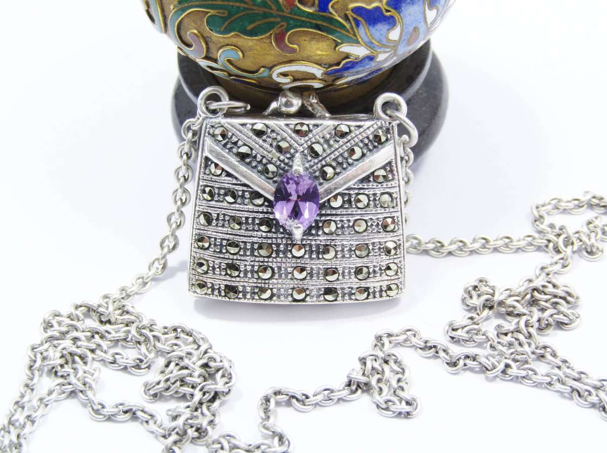 A Gorgeous Weighty Marcasite Handbag Pendant On Chain in Sterling Silver