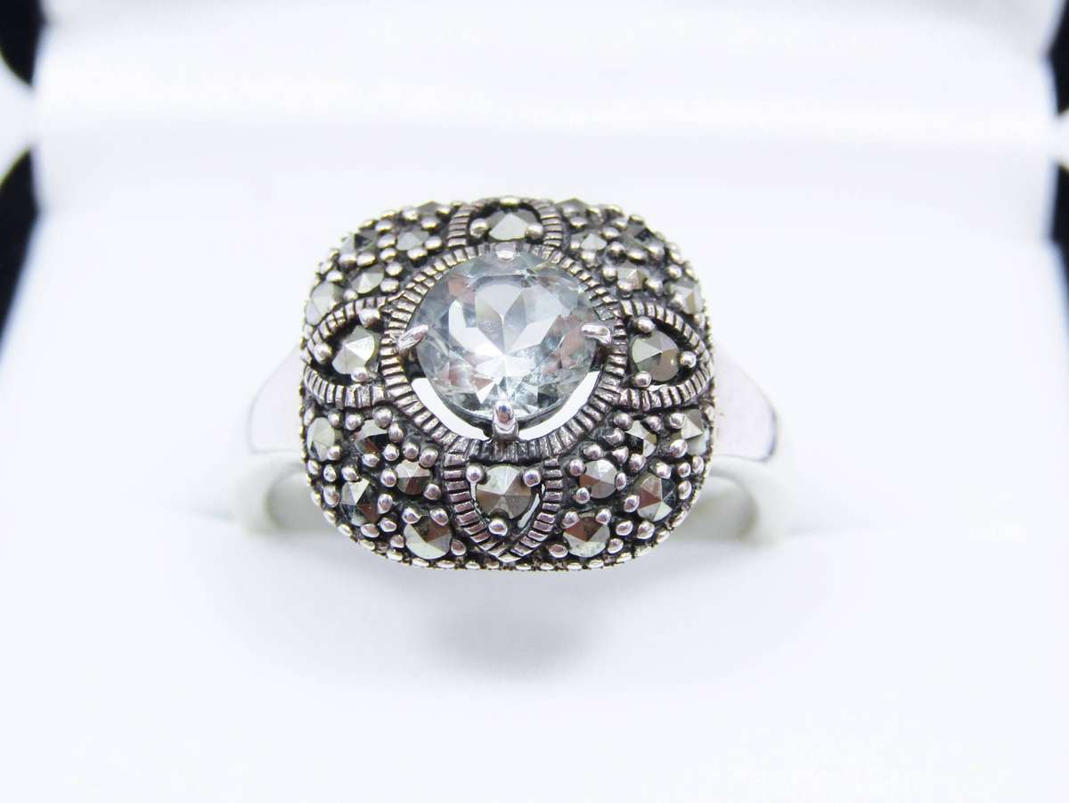 A Lovely Vintage Design  Marcasite and Prasiolite Ring in Sterling Silver.