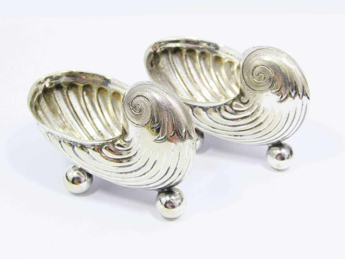 Pair of Antique Silver-Plated Shell Design Salt Cellars