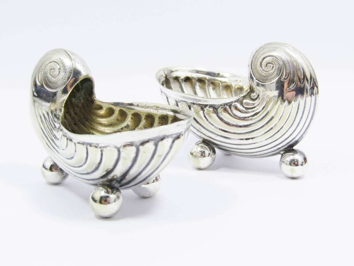 Pair of Antique Silver-Plated Shell Design Salt Cellars
