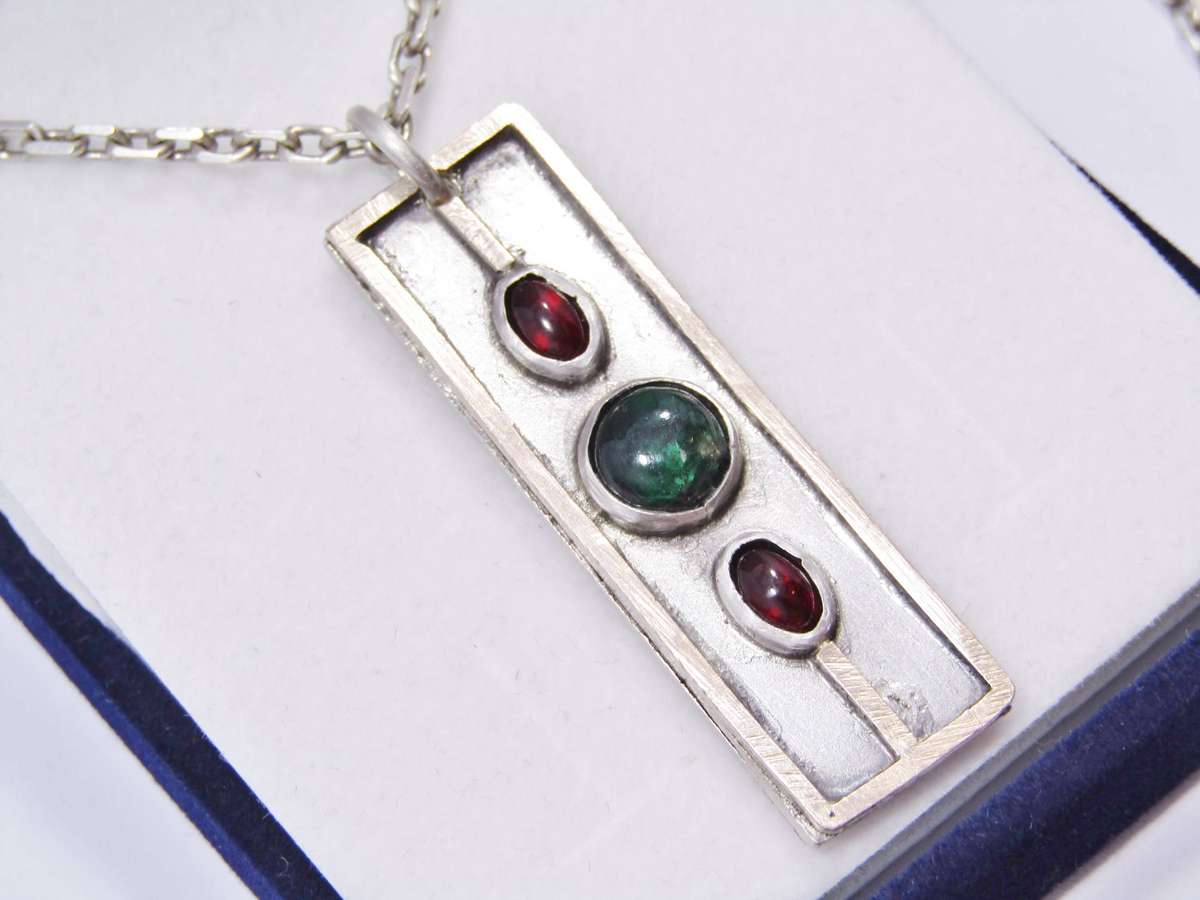 Vintage Designer Sterling Silver, Rose Gold, Emerald & Garnet Necklace