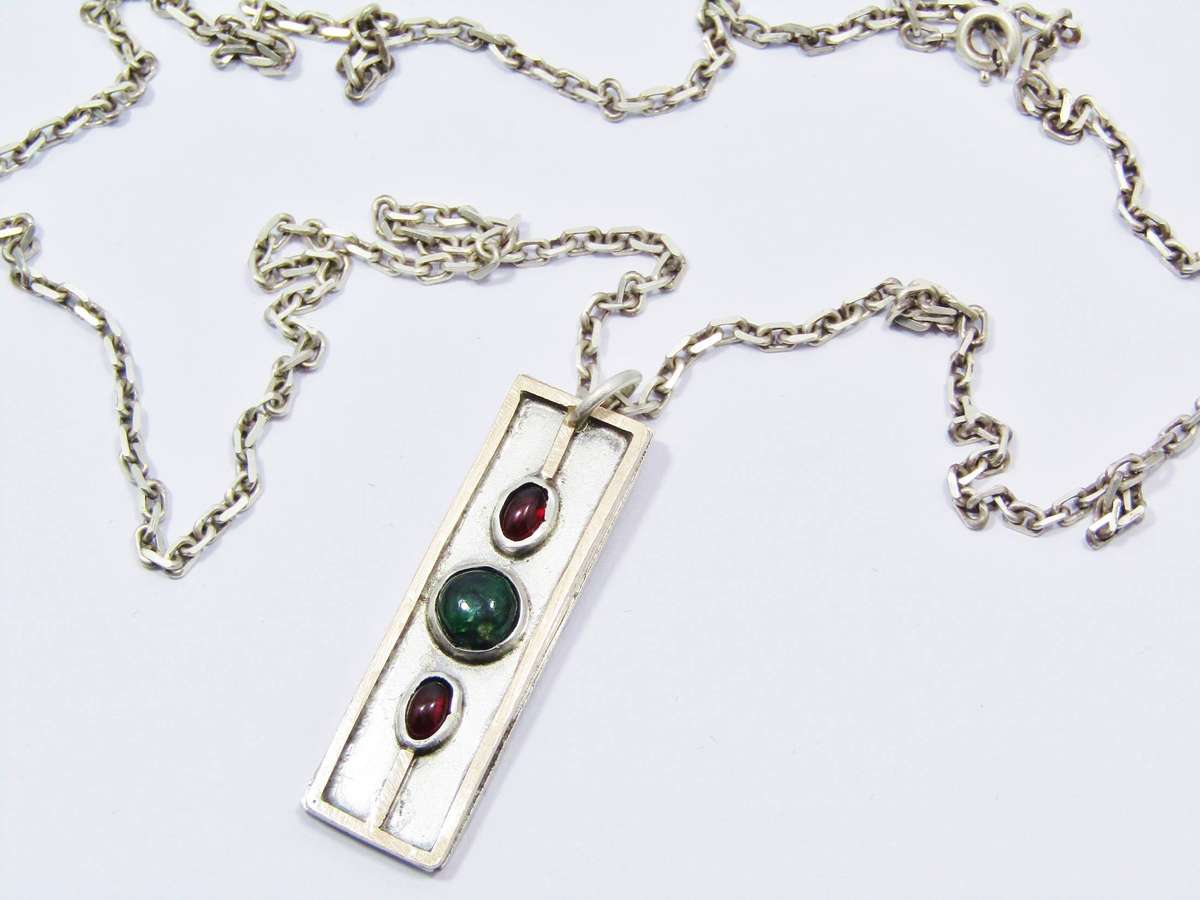 Vintage Designer Sterling Silver, Rose Gold, Emerald & Garnet Necklace