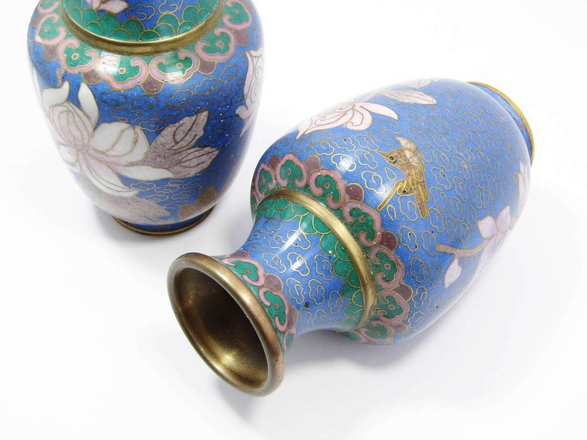 Beautiful Pair of Blue & Pink Cloisonne Vases