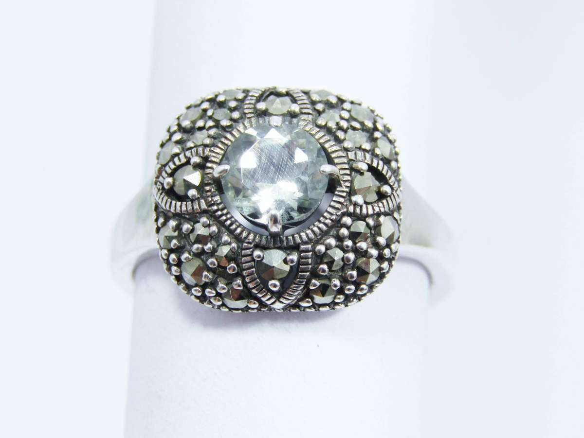 A Lovely Vintage Design  Marcasite and Prasiolite Ring in Sterling Silver.