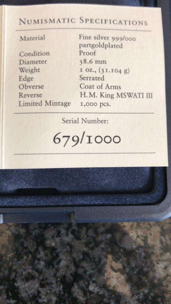 1 oz Fine Silver 999 Swaziland Anniversary