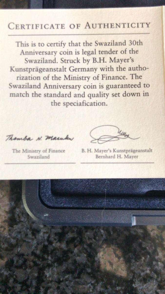 1 oz Fine Silver 999 Swaziland Anniversary