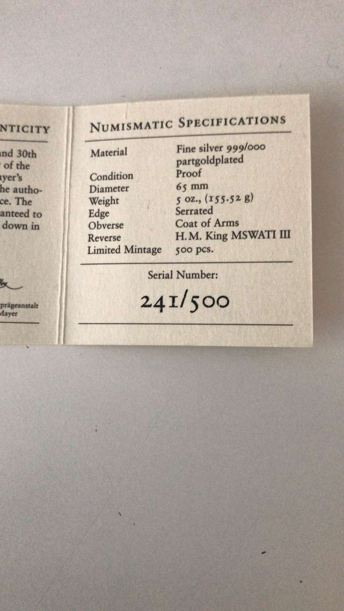 sWAZILAND 30TH ANNIVERSARY. 5 0z 999 SILVER COIN .LEGAL TENDER.