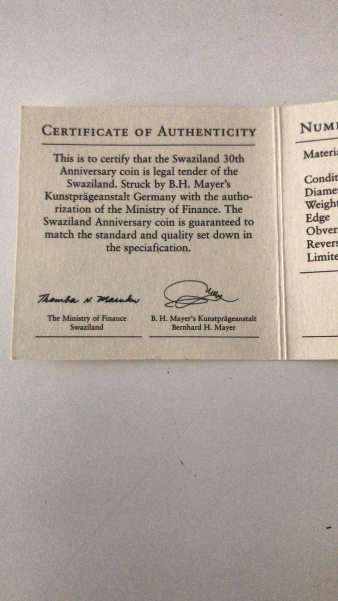 sWAZILAND 30TH ANNIVERSARY. 5 0z 999 SILVER COIN .LEGAL TENDER.