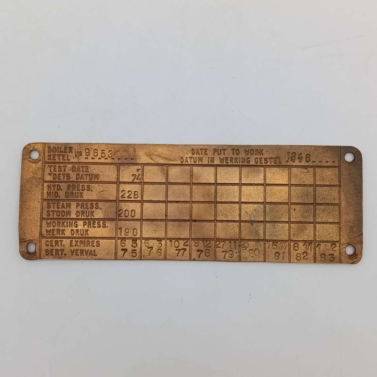 SA Railways brass boiler plate 1974 to 1983 - #9653