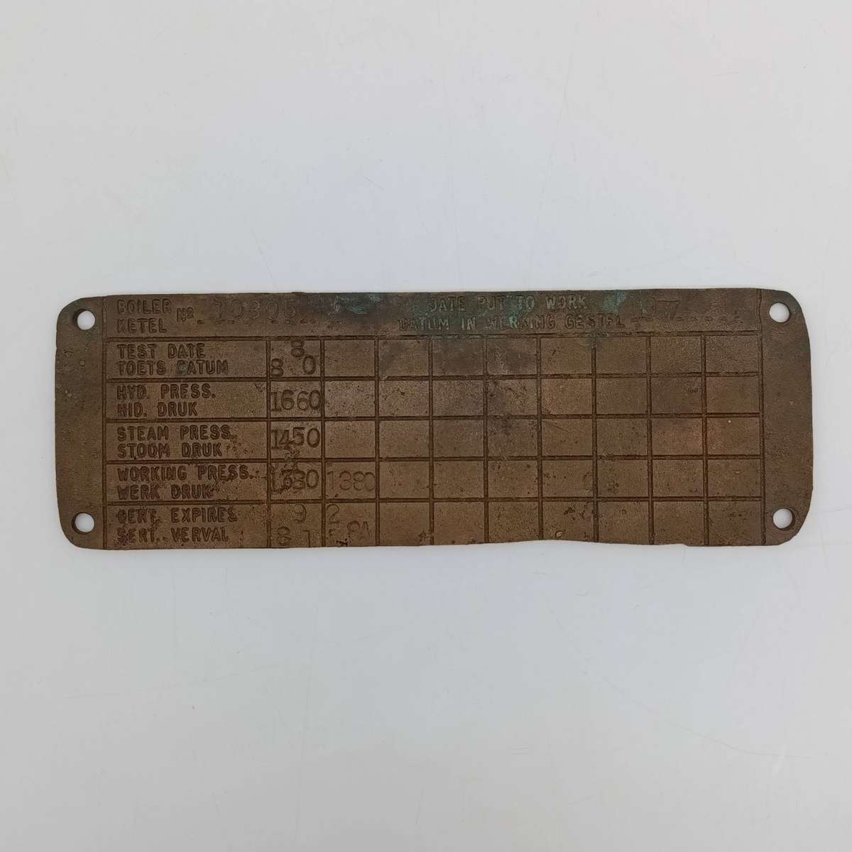 SA Railways brass boiler #10805 pressure check plate 1981-1984
