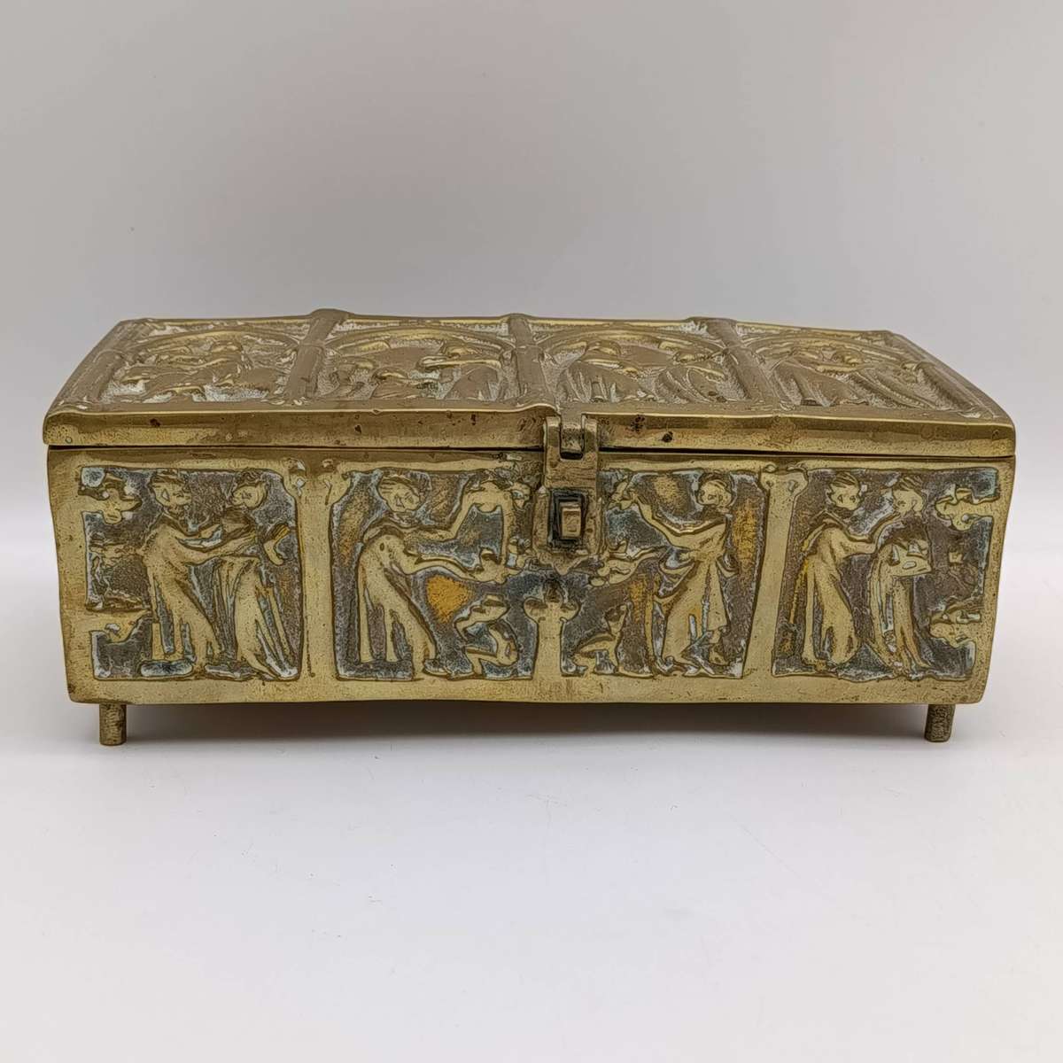 Antique solid brass trinket jewellery box decorated with gothic panels