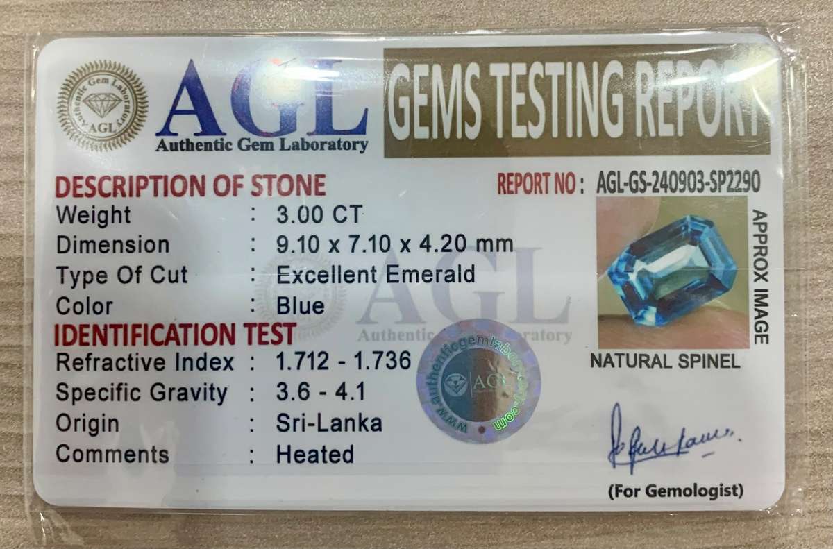 AGL Certified. Flawless Natural Ceylon Blue Spinel 3.00Cts. Emerald Cut. Stunning Stone