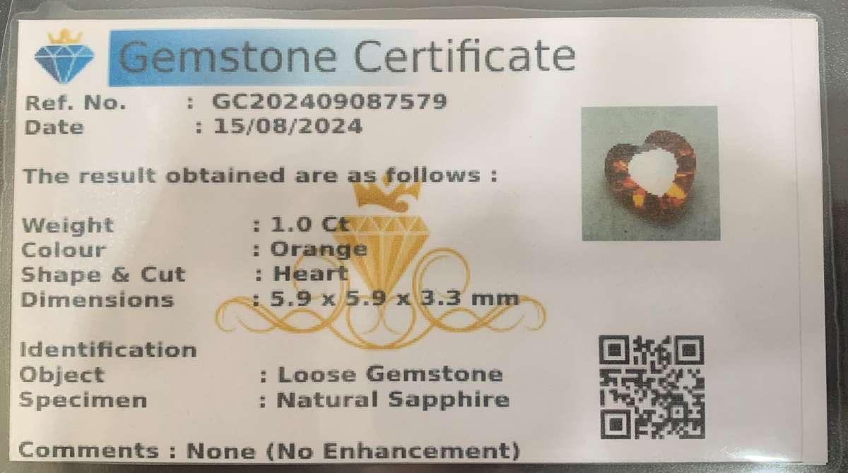 1ct 6mm Orange Heart shape Sapphire