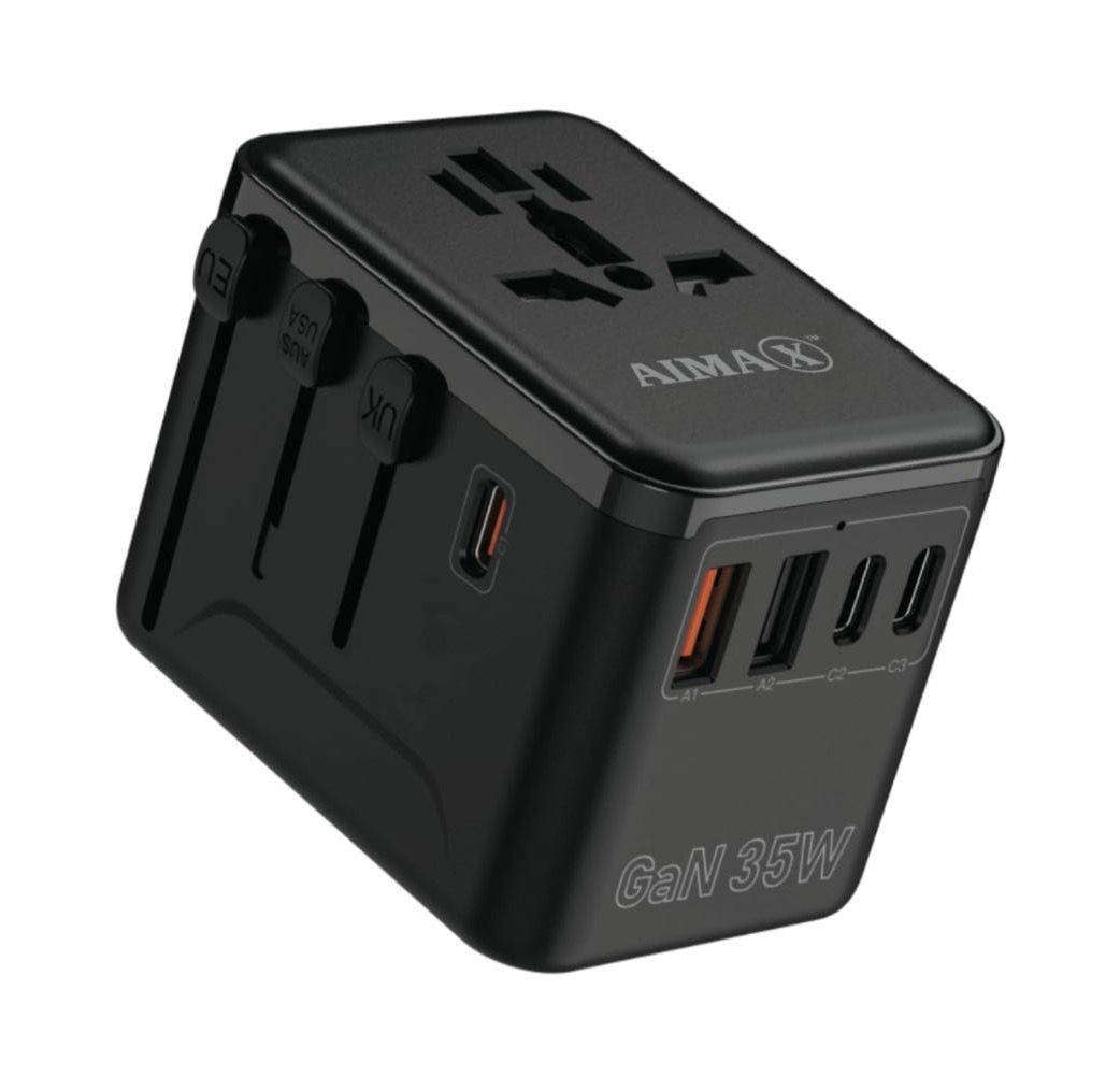 AIMAX Universal Travel Adapter Charger AC Plug USA EU UK AU USB Type-C - Black