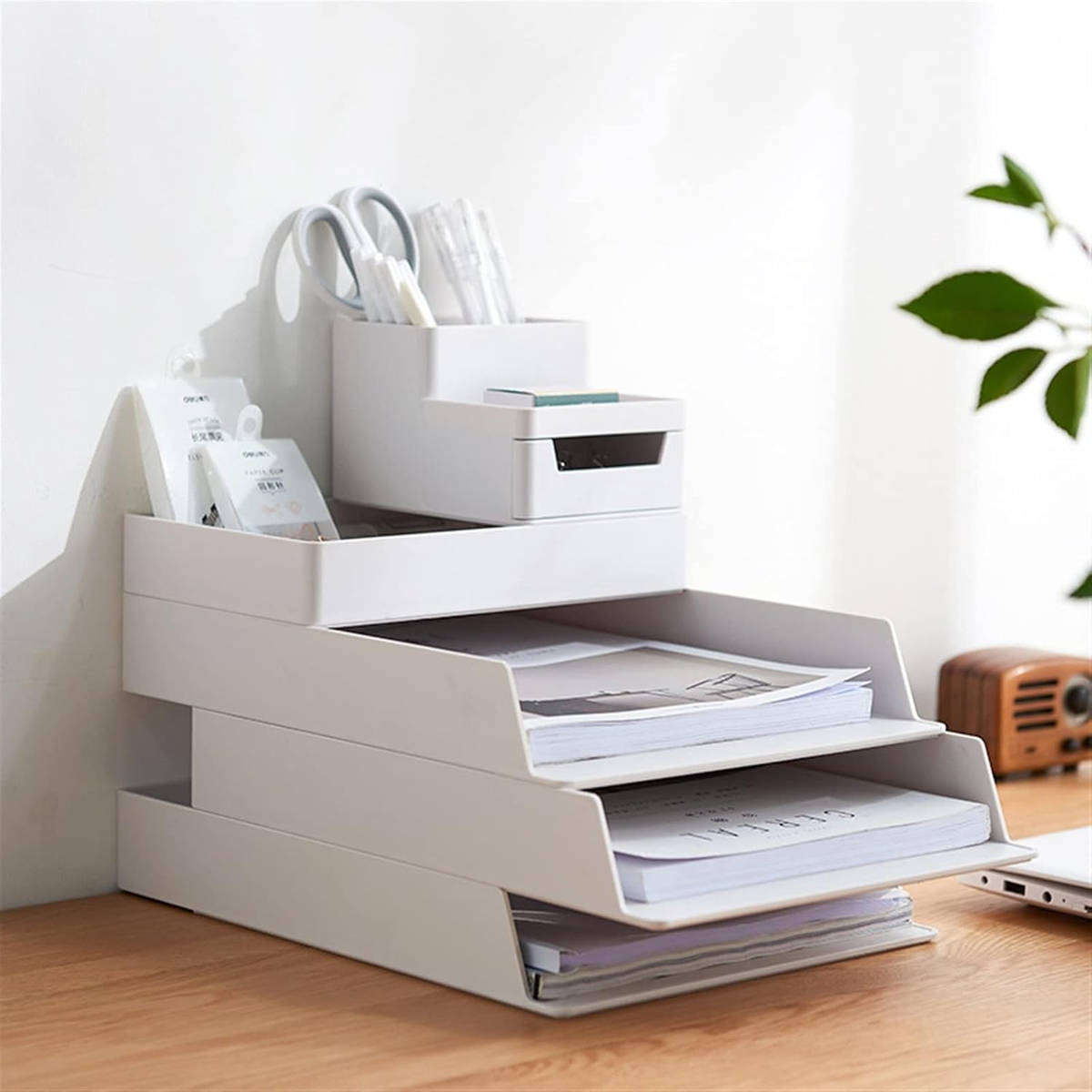 HOMEPOLA Stackable Stationery Organizer Desktop File Tray, 5Modular design - White