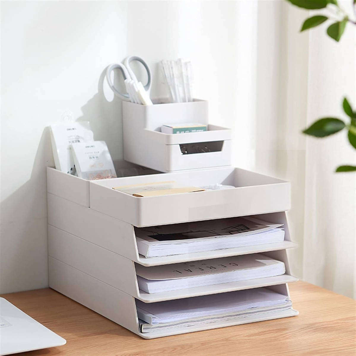 HOMEPOLA Stackable Stationery Organizer Desktop File Tray, 5Modular design - White