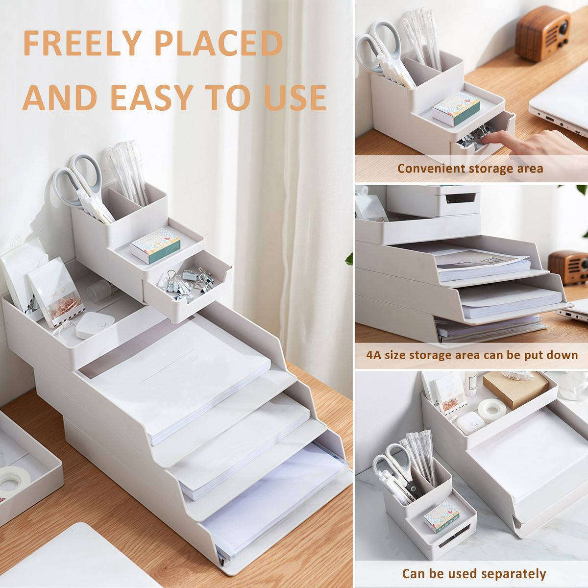 HOMEPOLA Stackable Stationery Organizer Desktop File Tray, 5Modular design - White
