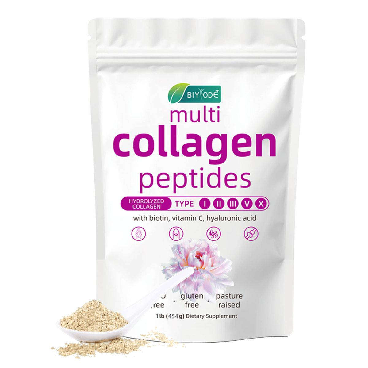 BIYODE Hydrolyzed Collagen Peptides Acid, 1 lb (454g) Dietary Supplement