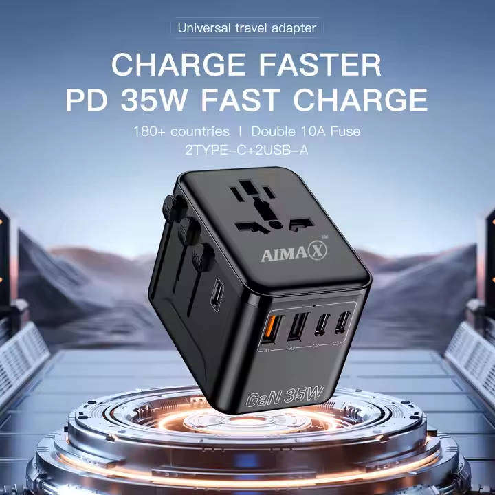 AIMAX Universal Travel Adapter Charger AC Plug USA EU UK AU USB Type-C - Black