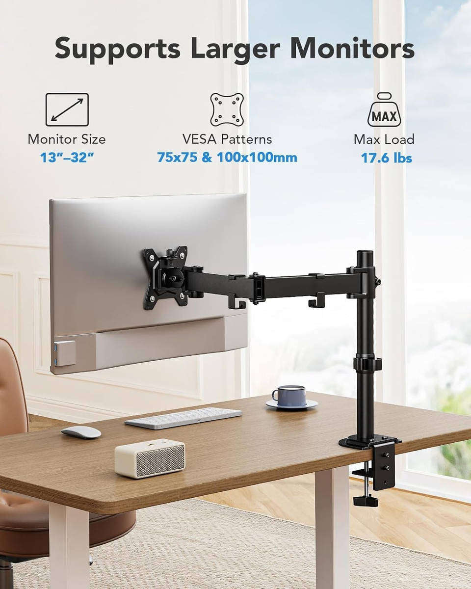 TOXIYA Single-Arm Adjustable Computer Monitor Stand, Holds 32-inch Monitors