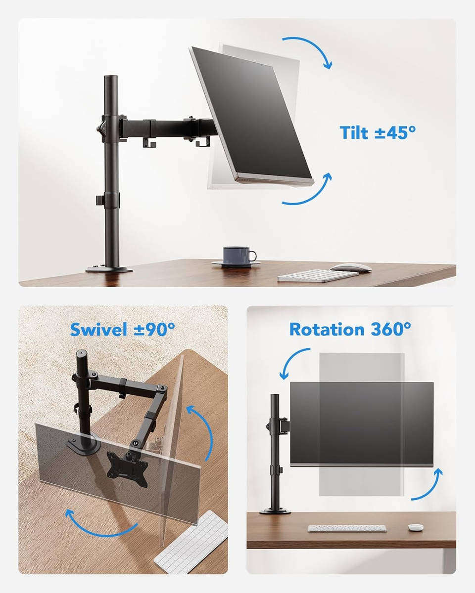 TOXIYA Single-Arm Adjustable Computer Monitor Stand, Holds 32-inch Monitors