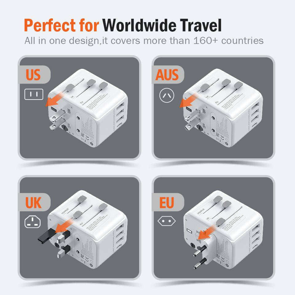 AIMAX Universal Travel Adapter Charger AC Plug USA EU UK AU USB Type-C - White