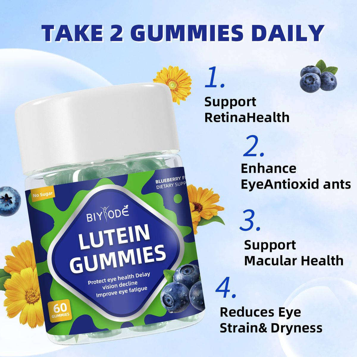 BIYODE Sugar-free blueberry flavored lutein 60 gummies protect eye health