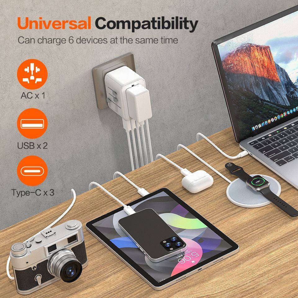 AIMAX Universal Travel Adapter Charger AC Plug USA EU UK AU USB Type-C - White