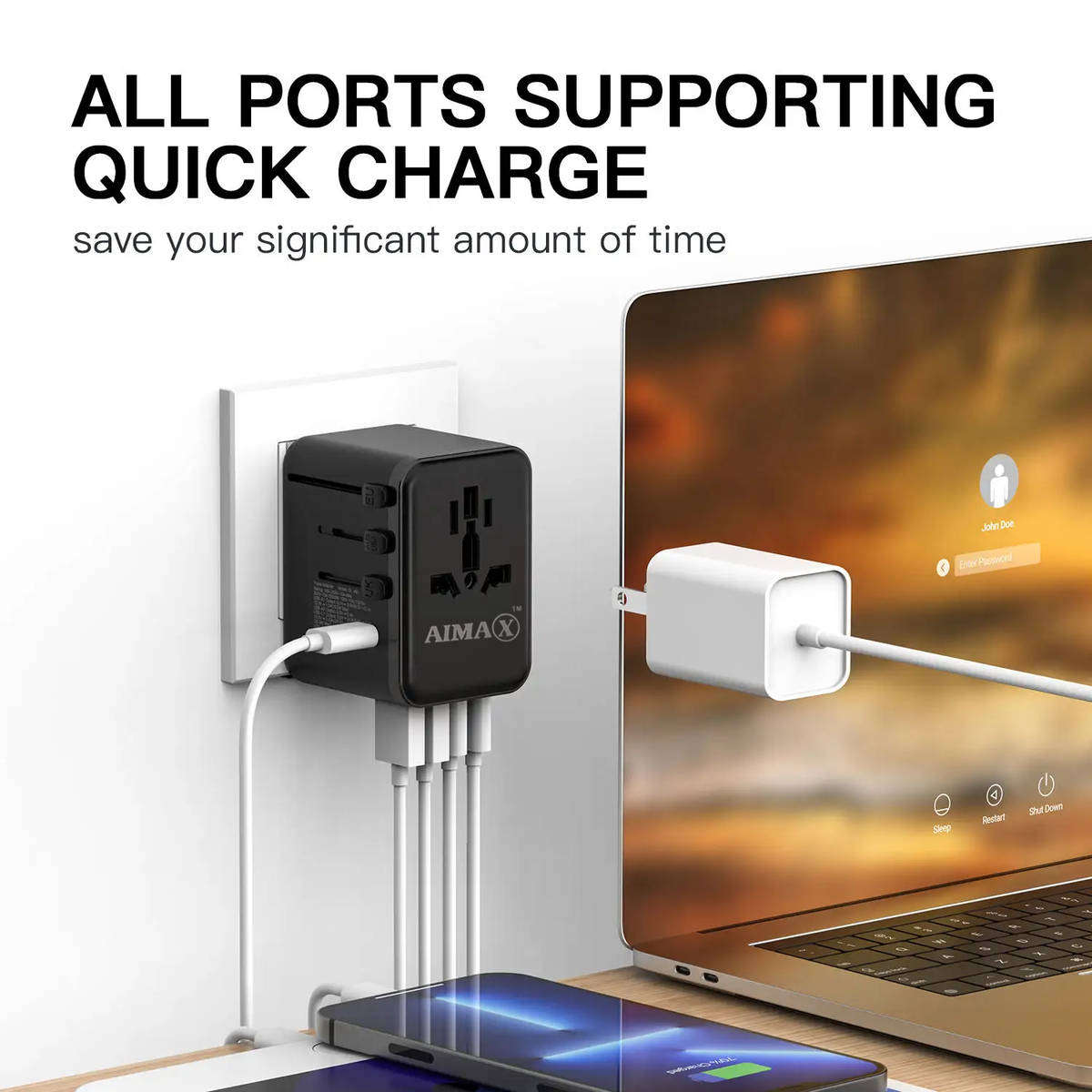 AIMAX Universal Travel Adapter Charger AC Plug USA EU UK AU USB Type-C - Black