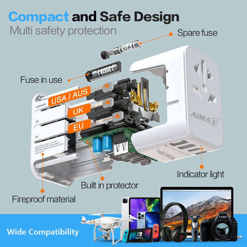 AIMAX Universal Travel Adapter Charger AC Plug USA EU UK AU USB Type-C - White