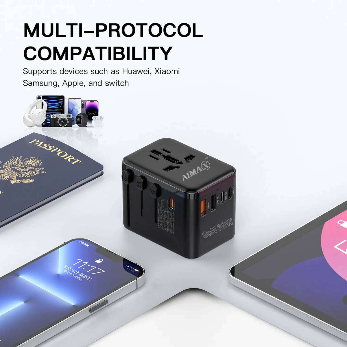 AIMAX Universal Travel Adapter Charger AC Plug USA EU UK AU USB Type-C - Black