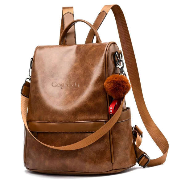 Anti-Theft Backpack Shoulder Bag for Women Spacious Waterproof PU Leather-M - Brown