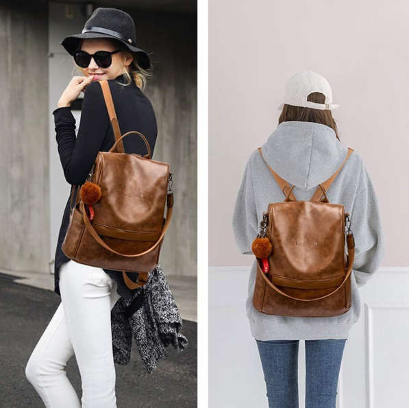 Anti-Theft Backpack Shoulder Bag for Women Spacious Waterproof PU Leather-M - Brown