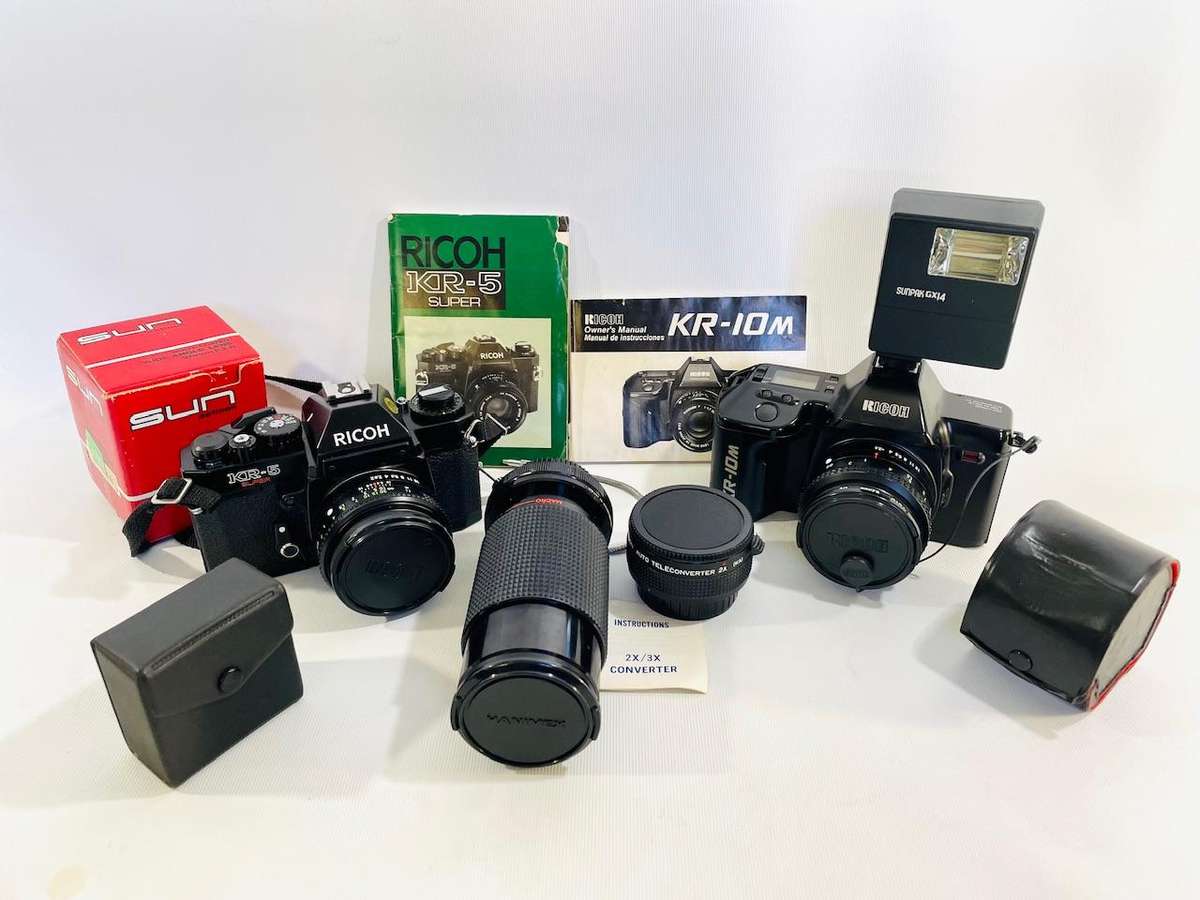 2 x Ricoh SLR 35mm Film Cameras with Accessories