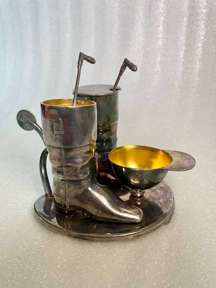 Vintage Silver-Plated Polo / Equestrian Condiment Set with Miniature Spoons