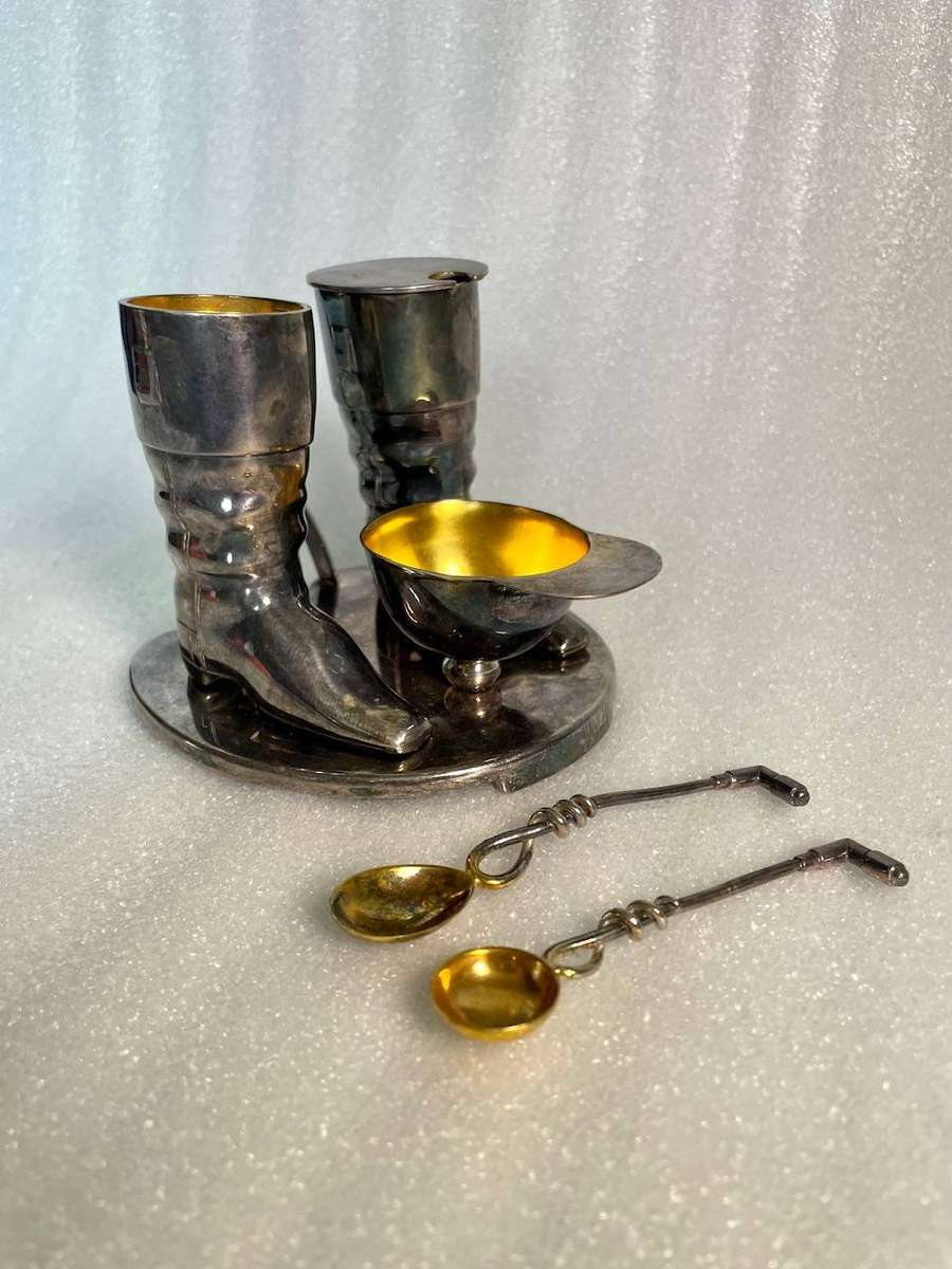 Vintage Silver-Plated Polo / Equestrian Condiment Set with Miniature Spoons
