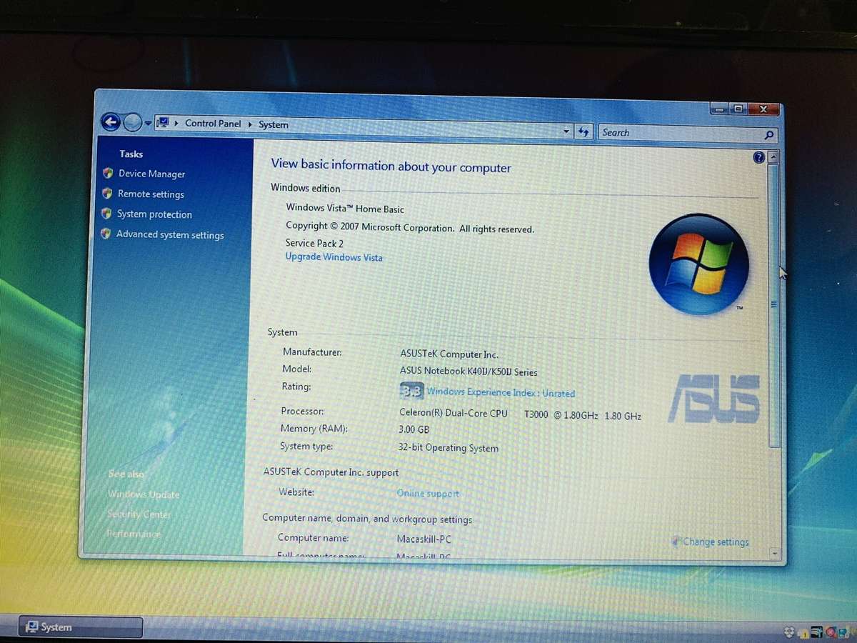 Asus Laptop running Windows Vista