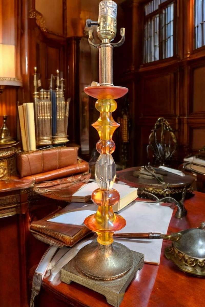 Tall Metal Lucite Lamp, featuring a beautiful Orange Amber Satin Lucite standing at 55cm