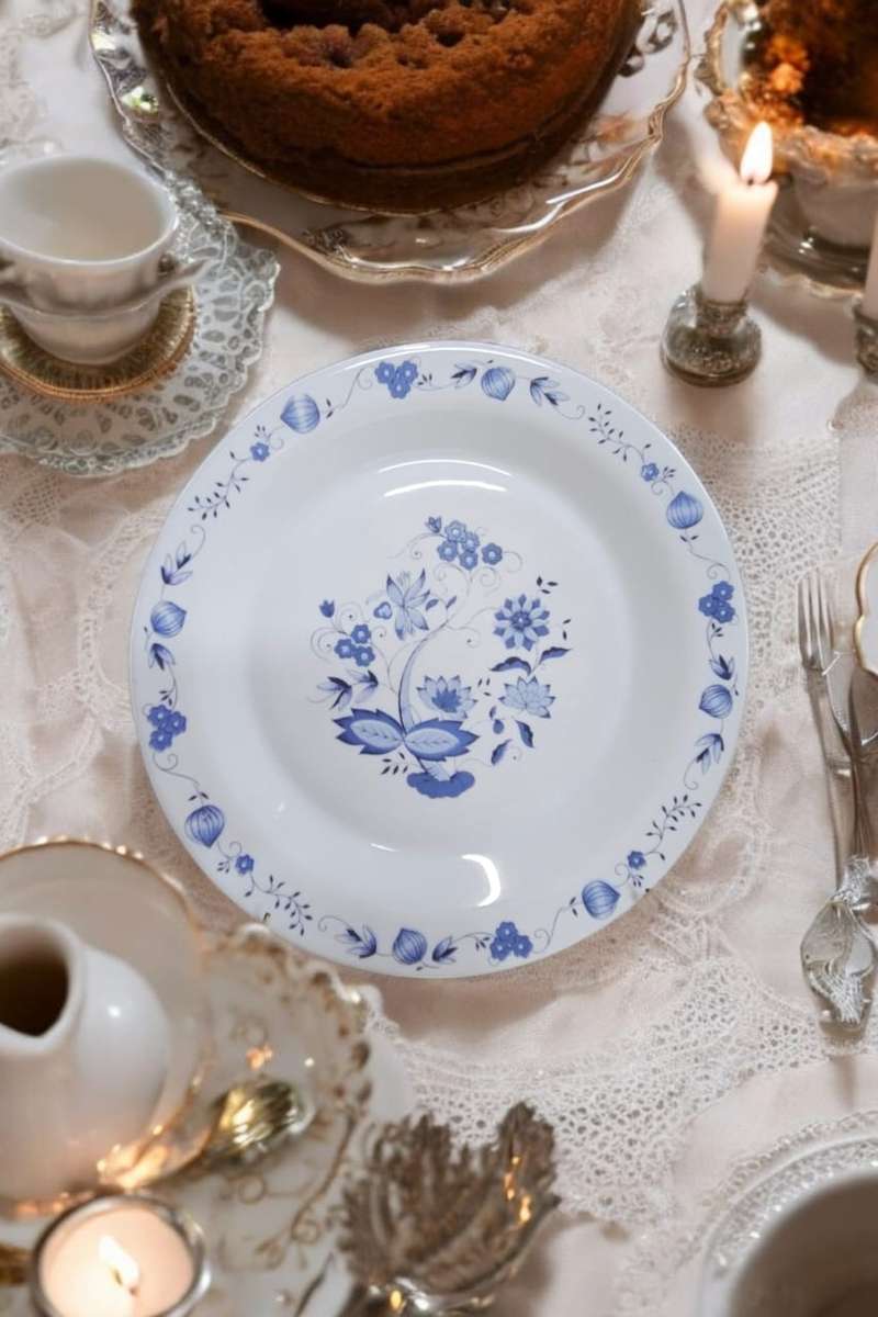 Vintage French Arcopal Blue and White Floral cake plate, a stunning 70s classic shape at 26cm