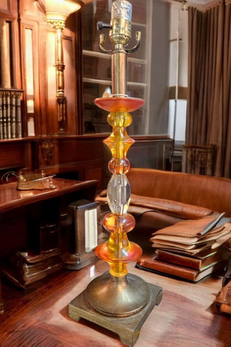 Tall Metal Lucite Lamp, featuring a beautiful Orange Amber Satin Lucite standing at 55cm