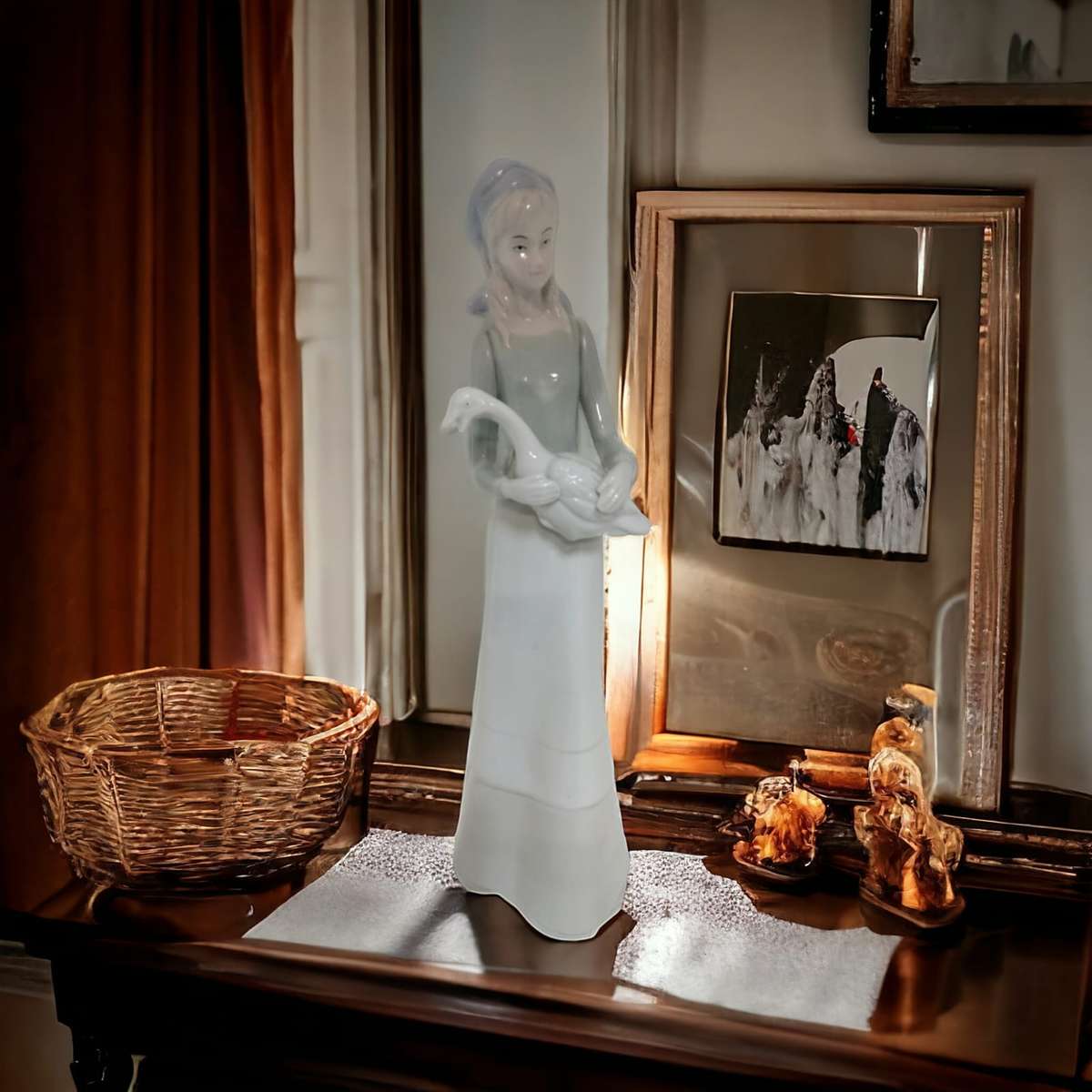 Lladro Style Vintage Porcelain Figurine of a Girl With Goose,