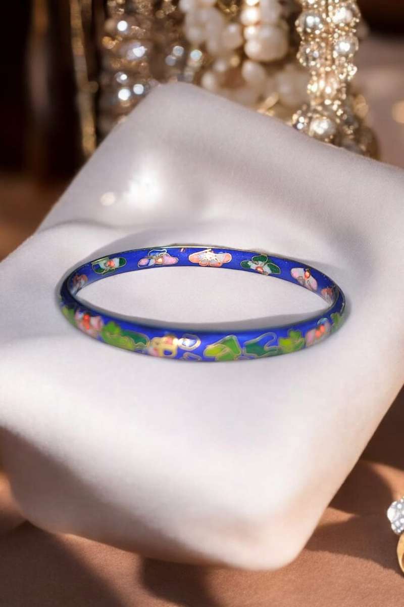 Blue Enamel Floral Cloisonne Bangle
