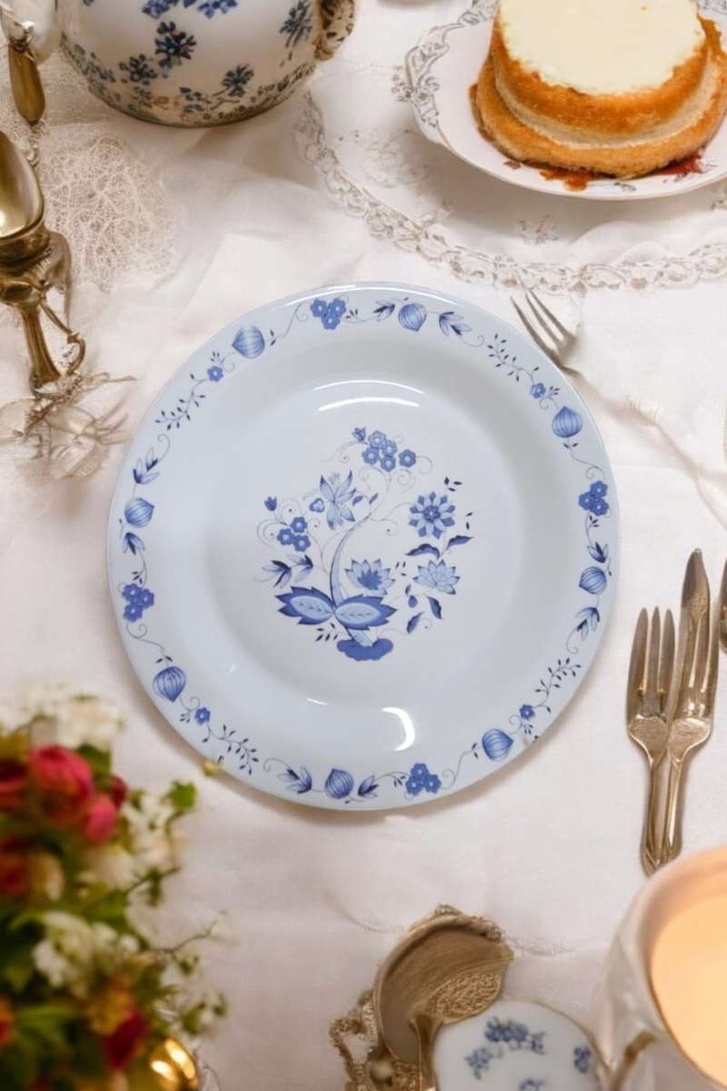 Vintage French Arcopal Blue and White Floral cake plate, a stunning 70s classic shape at 26cm