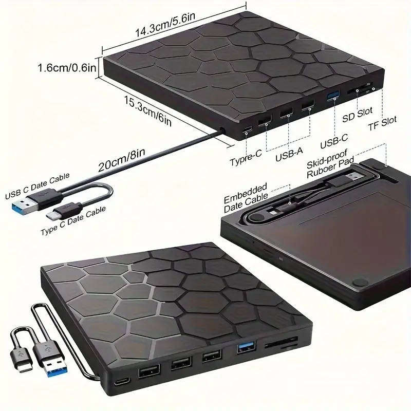 8in 1 External DVD Drive, Amicool USB 3.0 Type-C CD DVD +/-RW Optical Drive