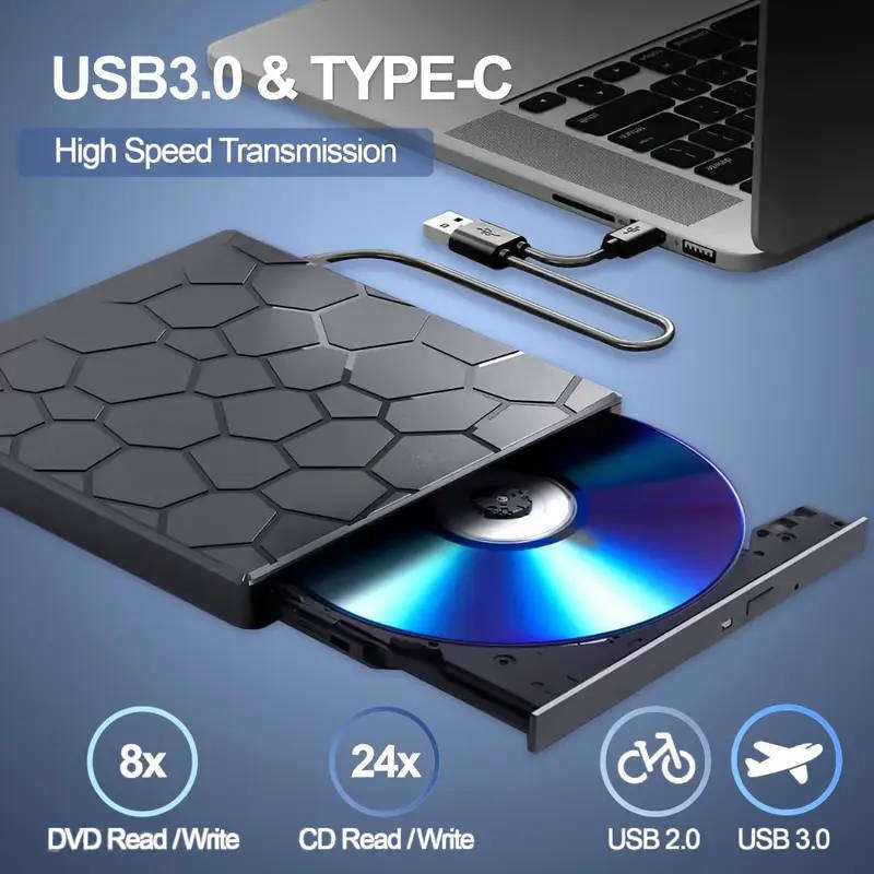 8in 1 External DVD Drive, Amicool USB 3.0 Type-C CD DVD +/-RW Optical Drive
